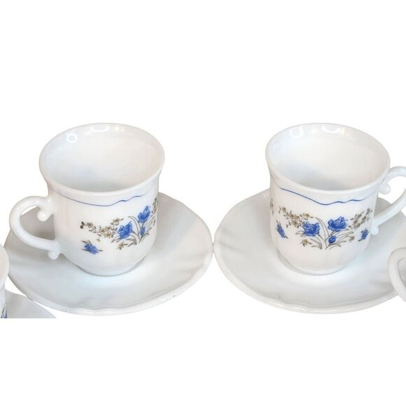 Arcopal France Demitasse Cups & Saucers Set Of 4 White With Blue Floral Design - Picture 3 of 11